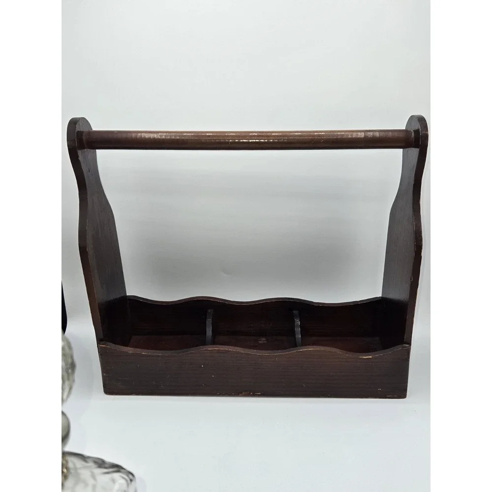 Mid Century Glass Liquor Decanter‎ Set Wood Caddy Scotch Bourbon Vodka 3 Bottle